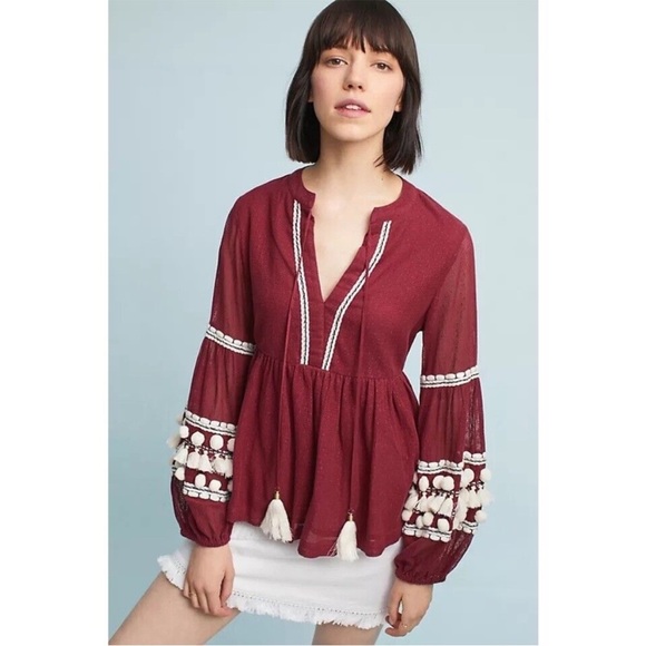 Anthropologie Vineet Bahl Nisha Red Pom Pom Peasant Top - Picture 1 of 10